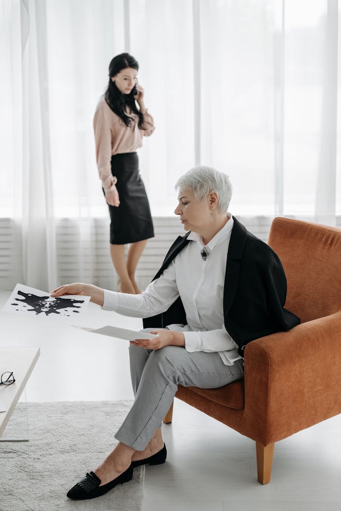 Psychologist examining inkblot test while a colleague stands discussing on the phone.